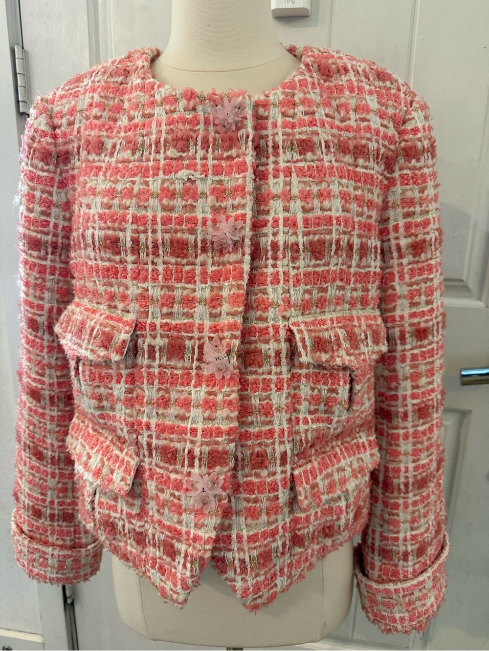 Marie Elie Paris Pink Tweed Jacket Classic Bouclé floral snaps size 40